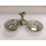 Two silver dishes with piercework design and a sil