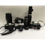An Olympus OM10, Praktica MTL3, Zenit E, cameras plus 2 telephoto lenses Tamron CF Tele Macro,