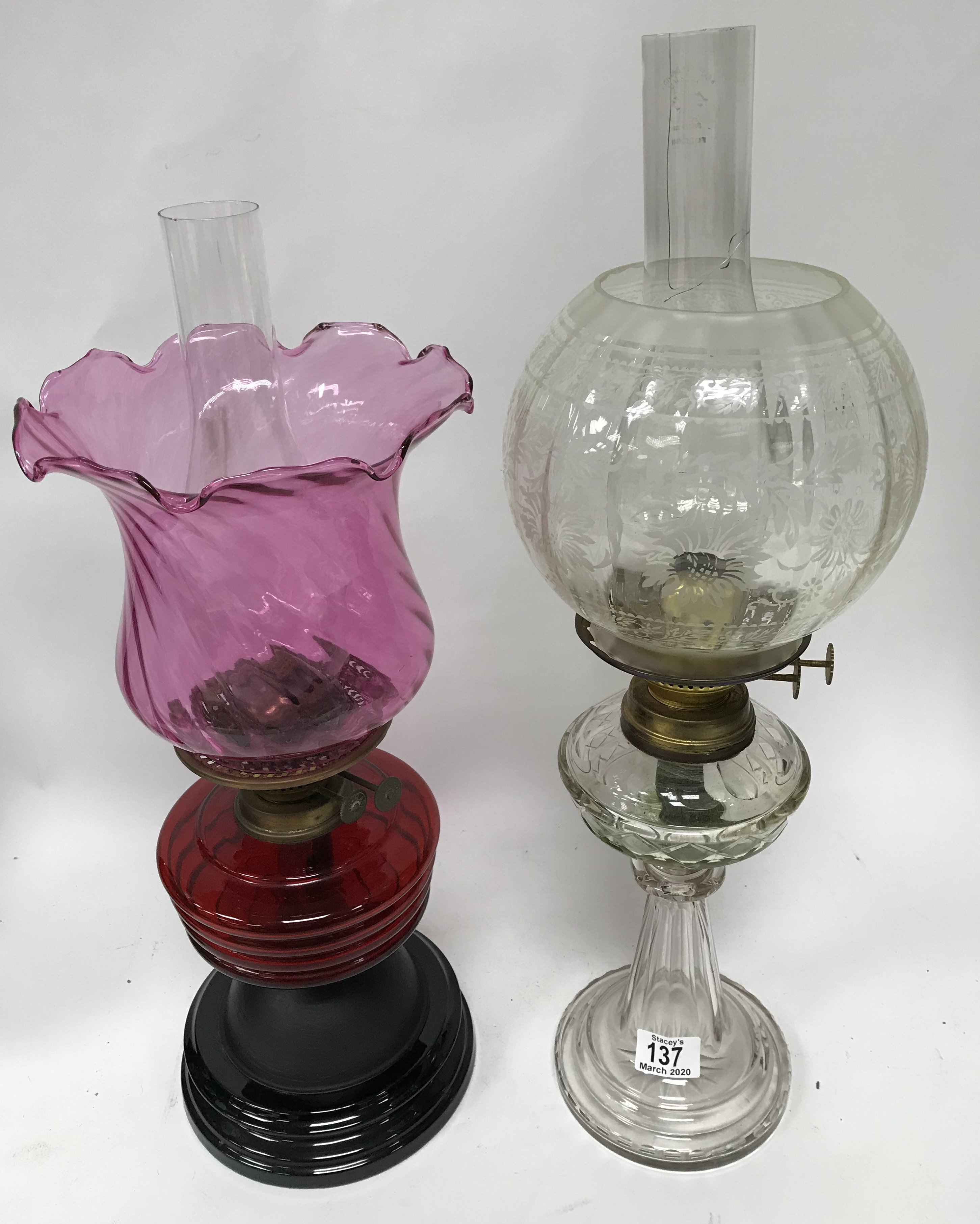 A cut glass oil lamp and a ruby glass oil lamp - NO RESERVE