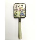 A small Oriental vanity mirror with handpainted decoration of geishas.