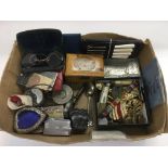 A box of oddments including military buttons, ribb