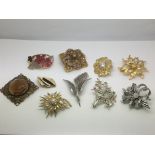 Ten vintage costume brooches including various sto