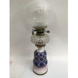 A Hinks no.2 opaque glass oil lamp with painted de