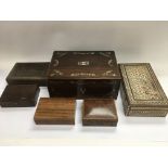 Six antique and vintage wooden boxes.