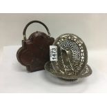 A vintage leather handbag compact, 2 hallmarked silver Bon Bon dishes and a pair of silver sugar