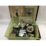 A box of oddments including silver plated items, h