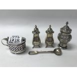 4 small hallmarked silver table condiments and a hallmarked silver salt spoon.