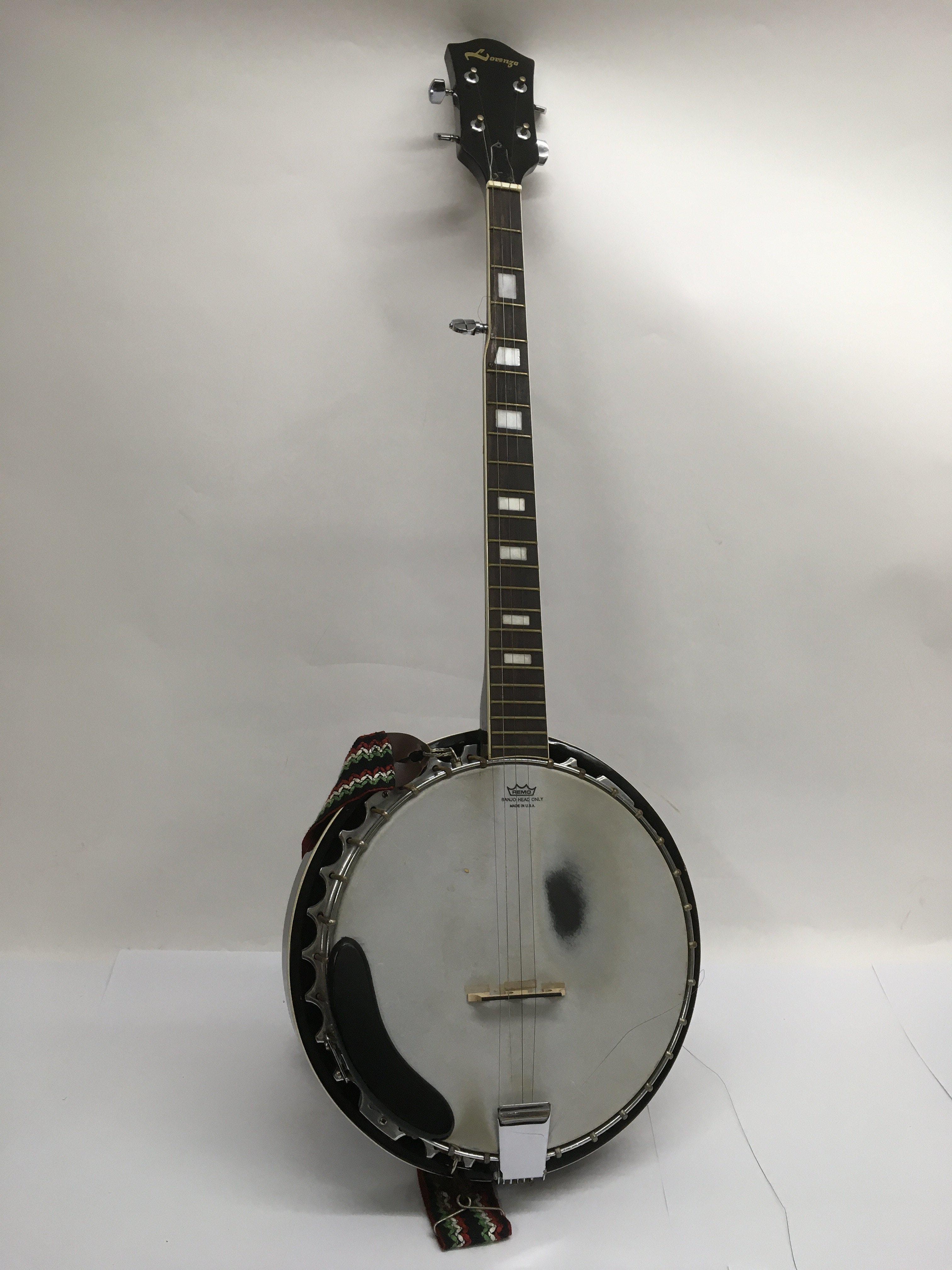 A Lorenzo five string banjo with hard carry case,