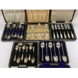 Five cased sets of silver plated cutlery.