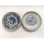 Two blue and white dishes, character marks to base