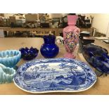 A blue and white meat plate and a collection of co