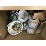 2 boxes of mixed china and pottery and glass lamp