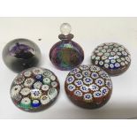 Three Millefiori glass paperweights one other pape