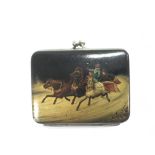 A painted Russian purse depicting figures in a hor