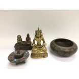 A gilt buddha, approx 12cm plus other smaller budd