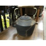 Victorian heavy iron kettle with brass and copper