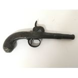 An Early 19th century Percussion pistol. Maker T Lane, with a canon barrel. Silver wire inlaid