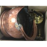 A box containing a copper coal scuttle brass kettles etc