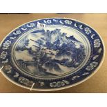 A 19 th century Chinese blue and white plate decorated with a landscape view .