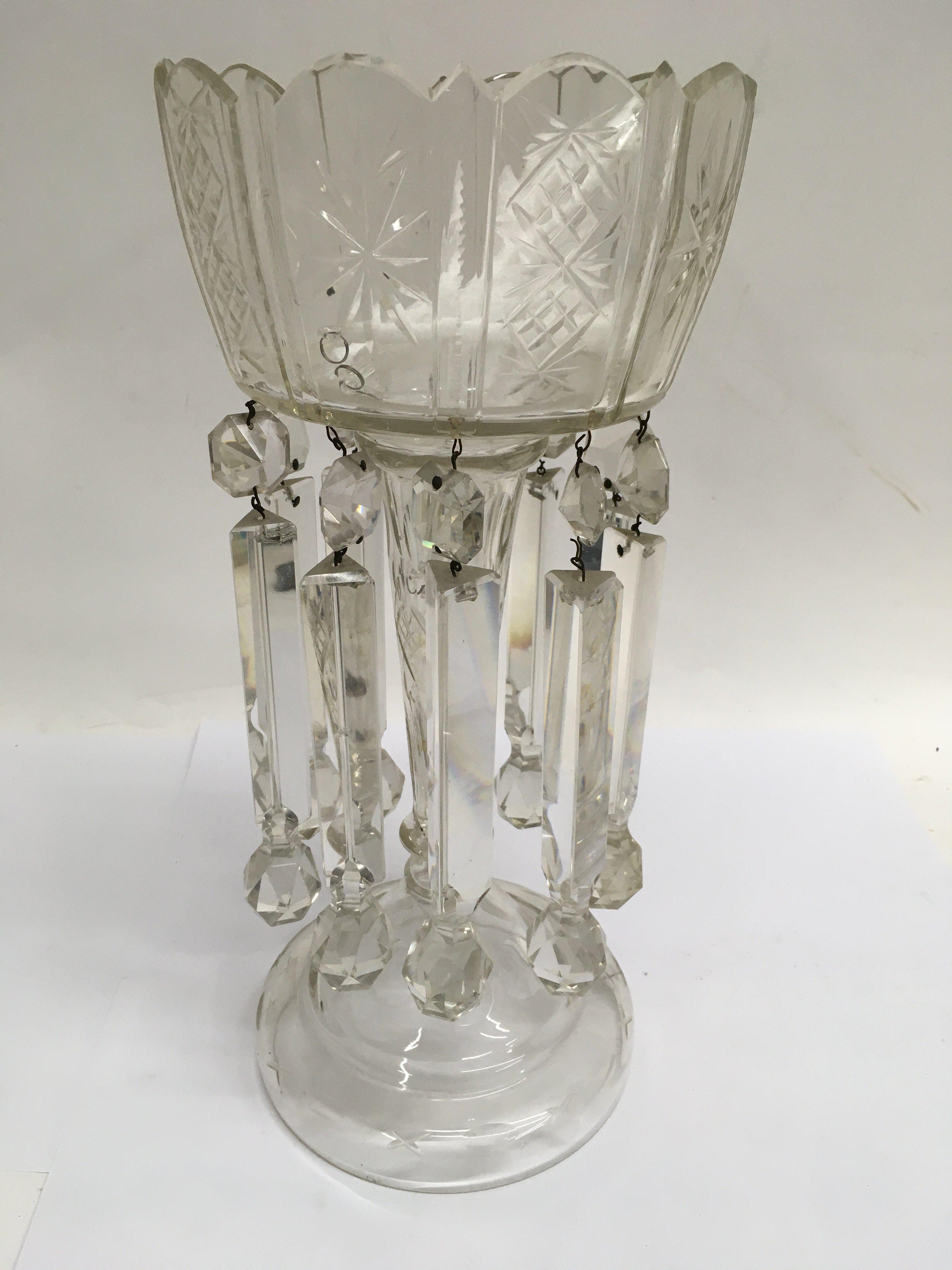 A Victorian cut glass lustre with glass drops . 38 cm