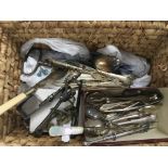 Two boxes of silver plated items plus a basket of