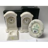 2 Belleek porcelain clocks, photo frame and ashtra