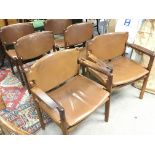 A set of six modern design Danish chairs including two open arm chairs with solid wood frames
