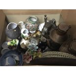 A box containing decorative ceramics brass boat la