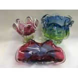 Three 1960s Murano style glass vases.