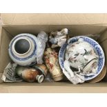 A box of Oriental ceramic items and other oddments