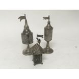 Three silver Judaica Spice towers with small flags