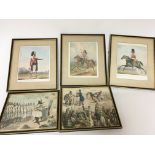 A collection of framed prints including images of