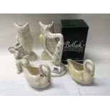6 Belleek porcelain items including a figure of La