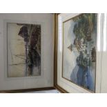 Three framed watercolours, one of fishing boats, one of a Continental harbour plus a mountain