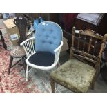 A carved oak hall chair a white painted chair and