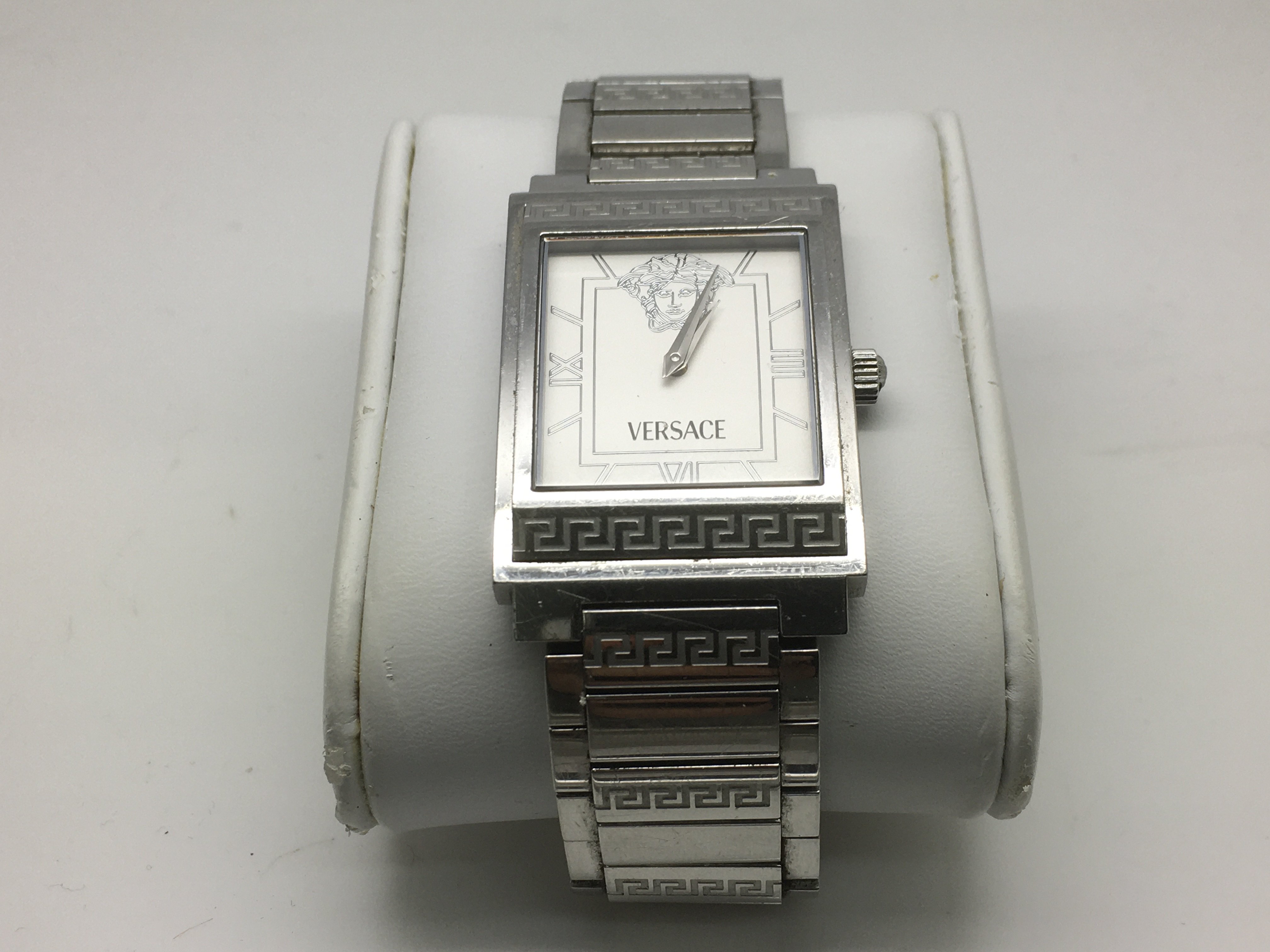 A boxed gents Versace watch with white squared fac