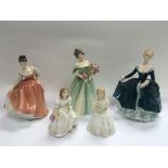 Five Royal Doulton figures of ladies.