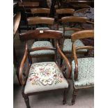 Nine Victorian dining chairs including three With scroll arms with horizontal back rails and green