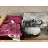 6 boxes of mixed silver plate inc cutlery, candlesticks, decanters etc