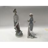 Two Lladro figures a girl feed a goose and Don Qui