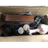 A box of good items inc a Japanese lacquered glove box, camera lens etc.