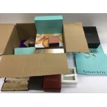A collection of boxes including designer jewellery boxes, Tiffany, Asprey, Gucci etc and some