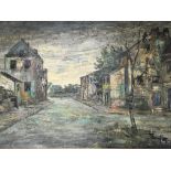 A 20th century oil painting on canvas depicting a Continental Street scene. Signed Jacques Moody.