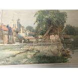 A framed watercolour a panoramic view With buildings and a church signed by George Dickman 26x37cm