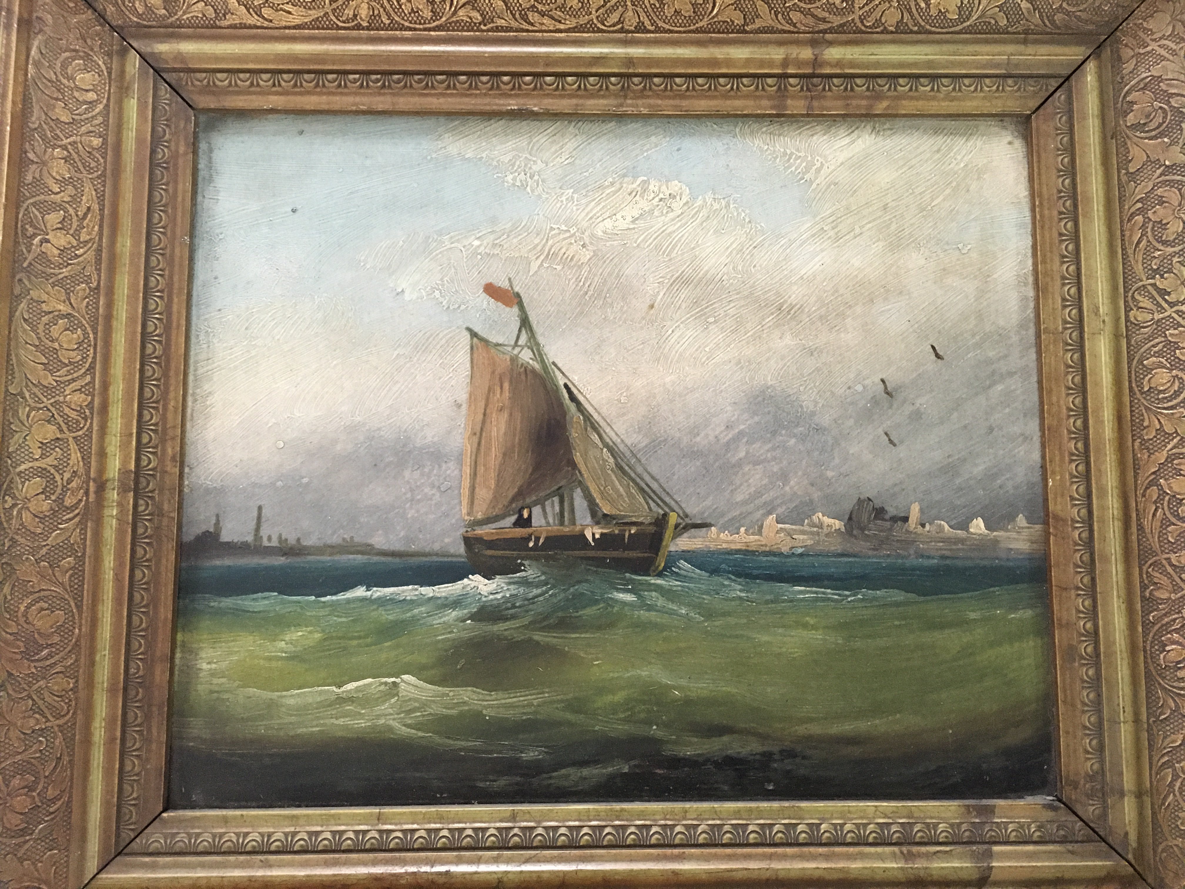 A pair of 19thC gilt framed oils on board of saili - Image 2 of 3