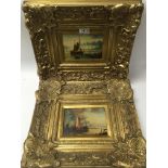 2 reproduction gilt framed oils on board of fishing boats. 40x35cm each.