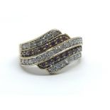 A 9ct yellow gold ring having five rows of white and coloured diamonds, approx 0.5ct