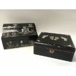 Good Victorian black lacquered box with all round Mother OPearl inlaid with oriental scenes and