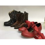 2 pairs of of vintage Childs hand stitched leather cowboy boots plus a pair of Giles shoes with a
