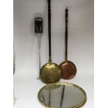Two antique copper and brass warming pans two oval mirrors and a chrome shooting stick - NO RESERVE
